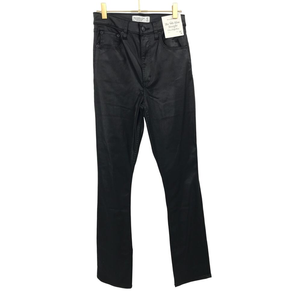 Abercrombie & Fitch 90s Slim Straight Jeans 27 Black Waxed Denim Ultra High Rise
